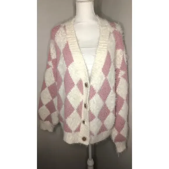 POL Argyle Fuzzy Cardigan Cozy Boutique Soft Girl Sweater Large - Picture 2 of 8